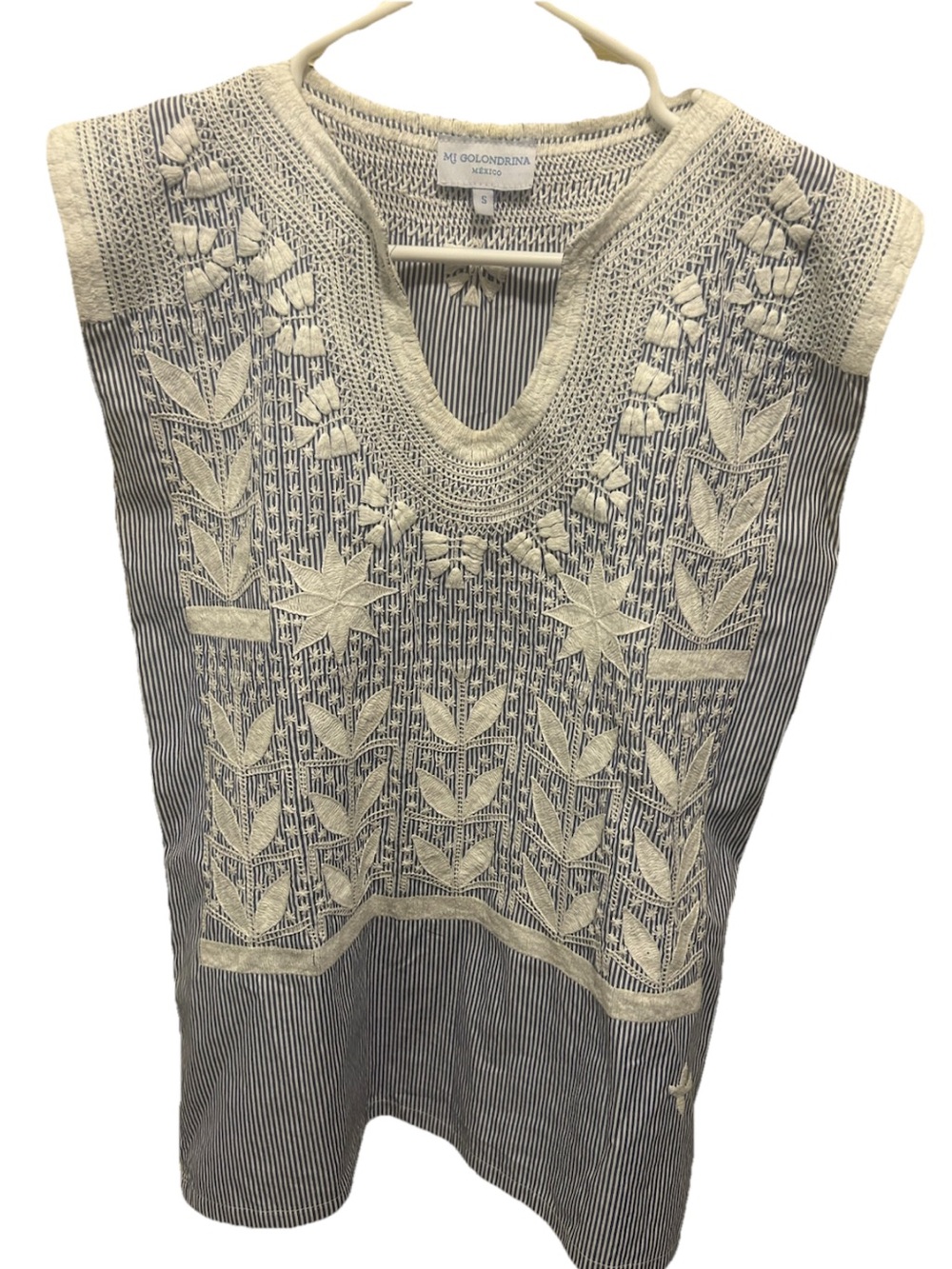 Mi Golondrina Blue and White Hand Embroidered Sleeveless Top